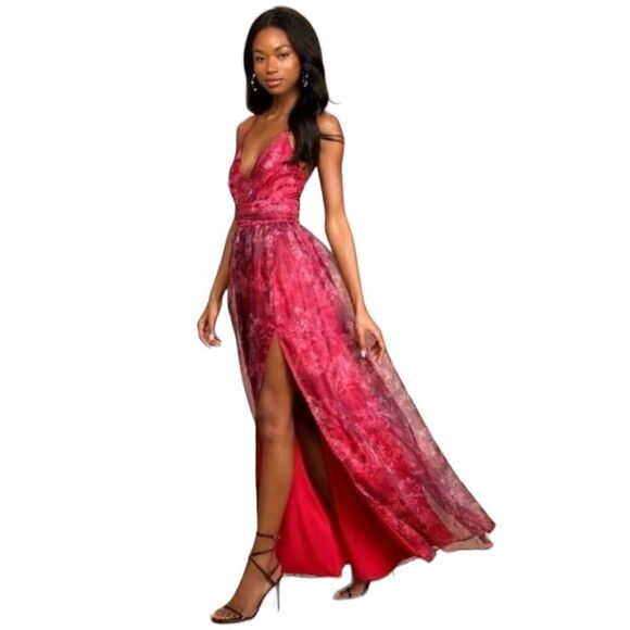 COPY - Lulus Romance That Wows Magenta Floral Print Organza Maxi Dress Size Med… - Picture 4 of 16